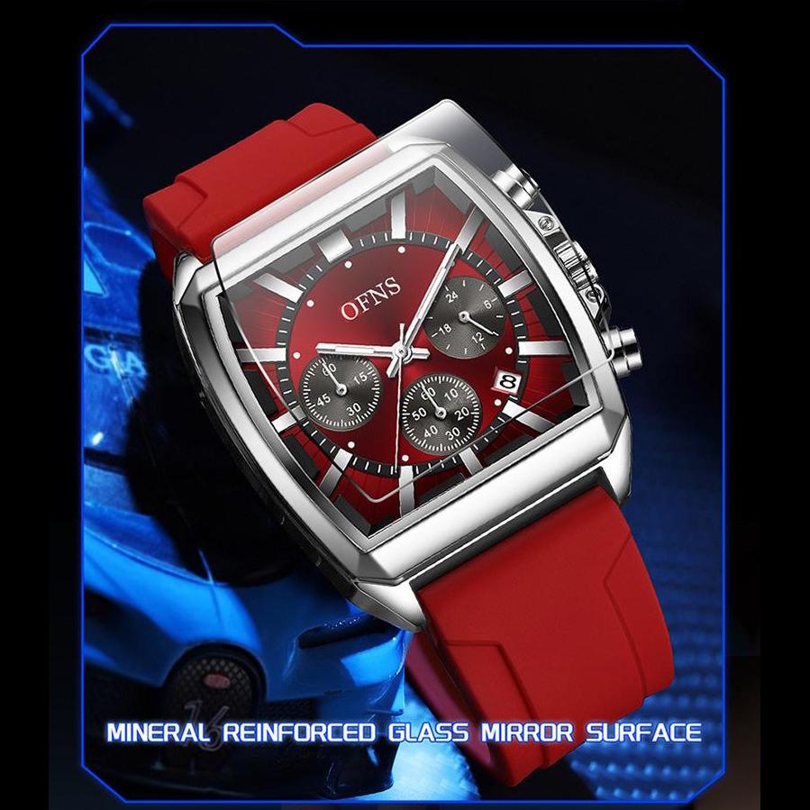 Herren Square Chronograph Armbanduhren Silikon-/Netzarmband, Luxuriöse Stilvolle Analoge Uhr für Arbeit & Streetwear