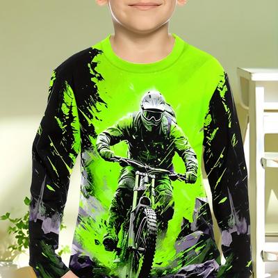 Summer Round Neck 3D Off-road Bike Riding Pattern Printed Top Fashionable and Casual Long Sleeved Children's Boy T-shirts