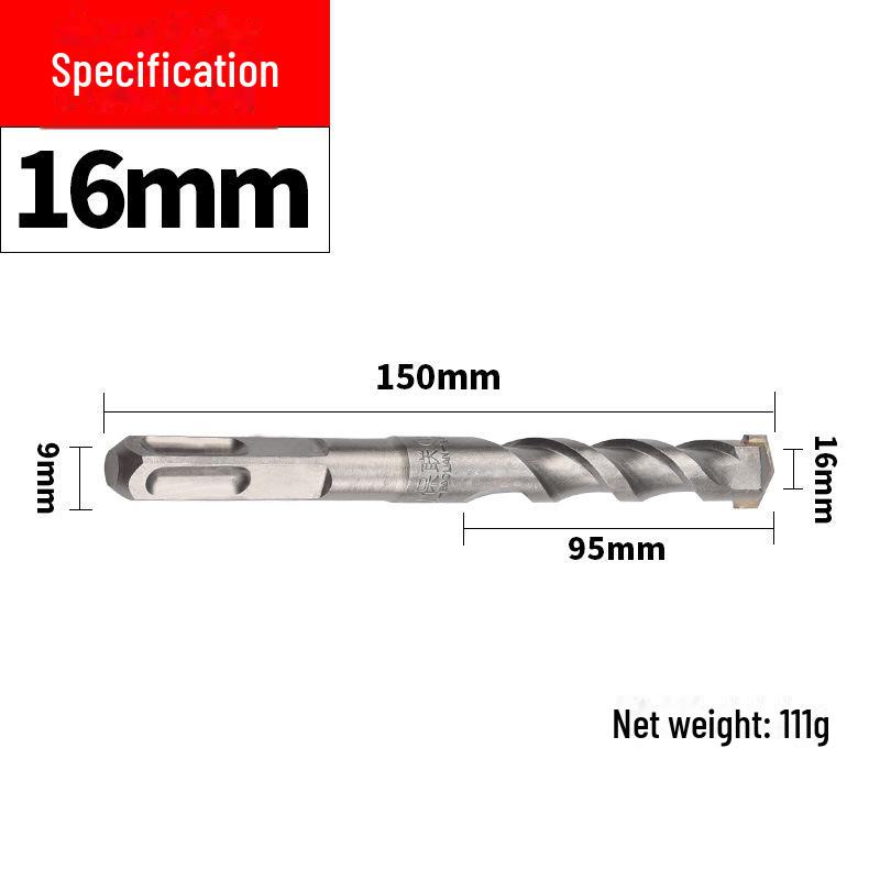 Impact Hammer Drill Bit for Drilling Through Concrete and Cement Walls with Round and Square Handles, Two Pits, and Two Grooves.