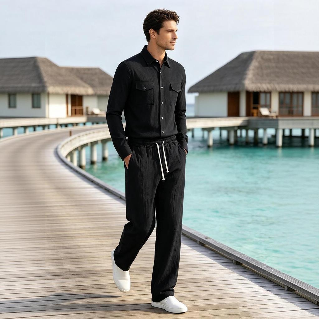 Men's Casual Linen Two-Piece Set with Long Sleeve Shirt and Drawstring Straight Leg Pants Comfortable Loose Fit Color