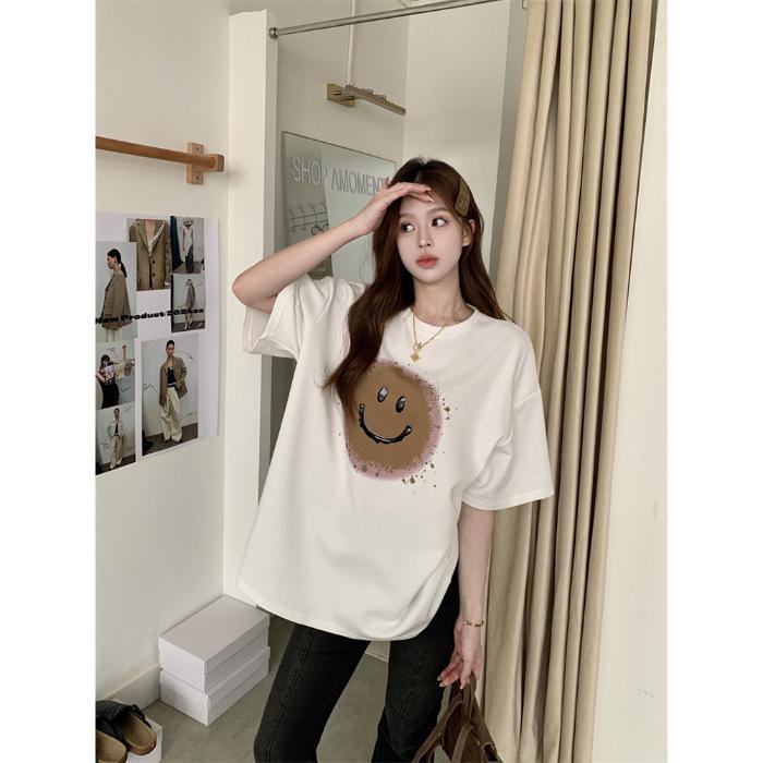 

Весна и лето 2025 мультяшный принт смайлик универсальная свободная хлопковая футболка с коротким рукавом женская средней длины ленивая футболка с рукавом до локтя S