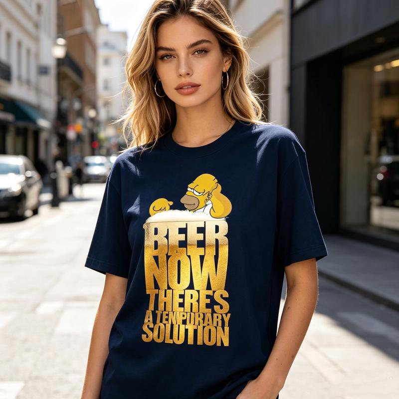 Beer Now Temporary Slogan Cartoon Figure In Beer Cup Graphic T Shirt Unisex Soft 100 Cotton Crew Neck Short Sleeve Tee