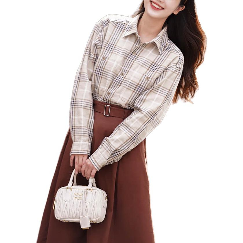 UNIQLO Checkered Stripe Pointed Collar Long Sleeve Shirt Unisex shirts Beige 462388-31