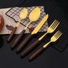 6People Stainless Steel Dinner Gold Imitation Wooden Handle Dinnerware Knife Coffee Spoon Fork Cutlery Set Tableware Silverware