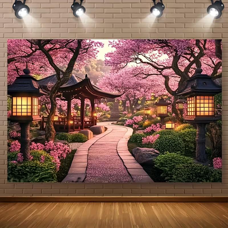 

2D Zen Spring Tapestry, Japanese Garden with Cherry Blossoms and Lanterns Wall Cloth 47.2x31.5inch/120*80cm