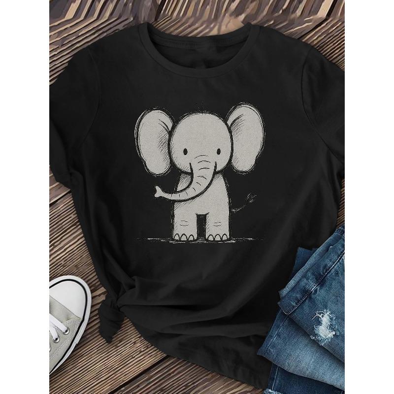 

European Size Women s Casual Short Sleeve T-Shirt - Cute Elephant Print Round Neck Top, Medium Stretch Breathable Fabric,for Spring Summer Fall 4XL чорний