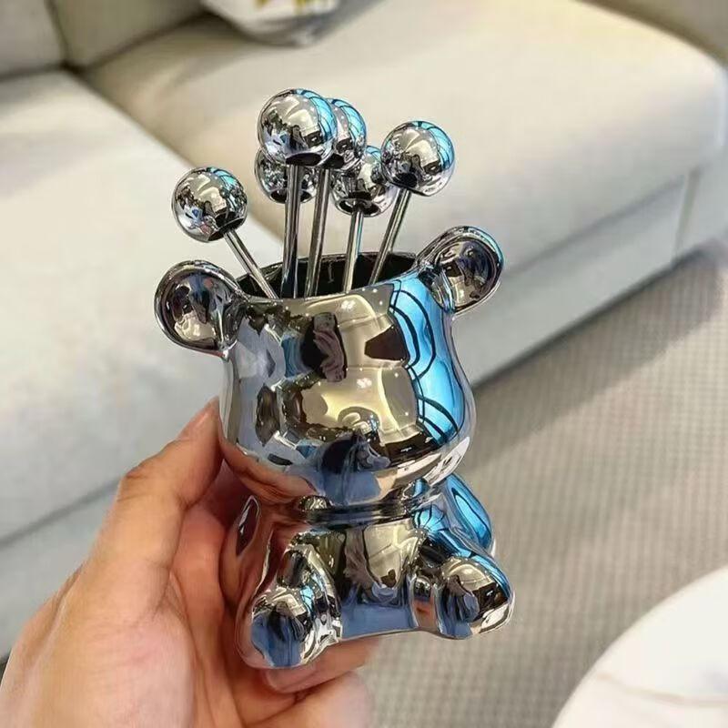 Light Luxury Stainless Steel Fruit Fork Set with Ceramic Bear Holder