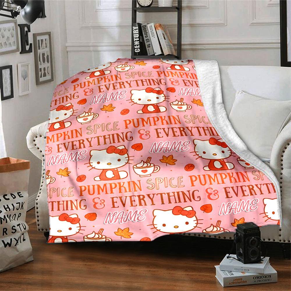 Hello Kitty Pumpkin Spice Autumn Theme With Leaves And Cups Of Hot Drinks Multipurpose Customizable Blanket Customize Text Ultrasoft For Sofa Couch