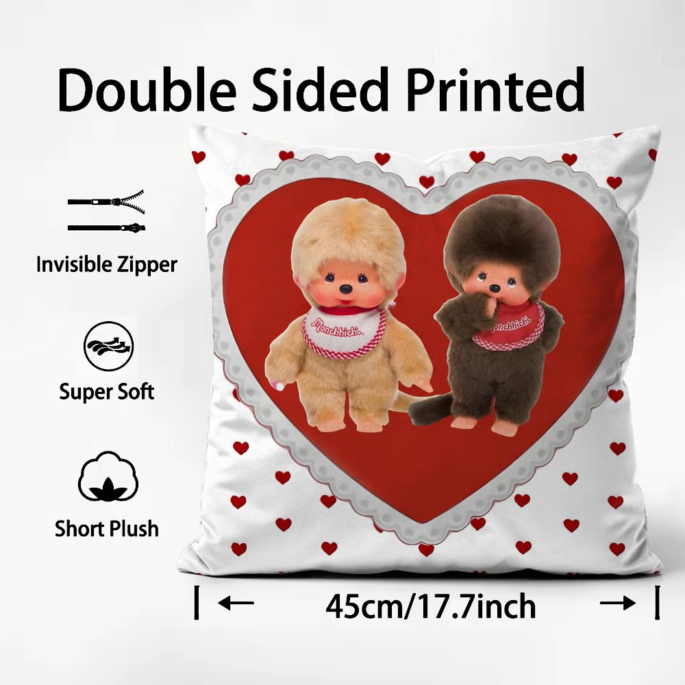 MMonchhichi Cute Cushion Cover Plush Fabric Soft DoubleSided Printed Sofa Warm Winter Home Child Gift Pillow Case