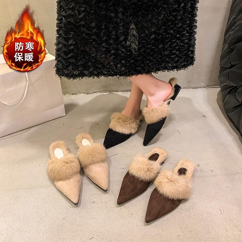 Women's Outwear Winter 2025 New Fashion Flat Pointed Toe Mules Plus Fleece Wrapped Cotton Slippers