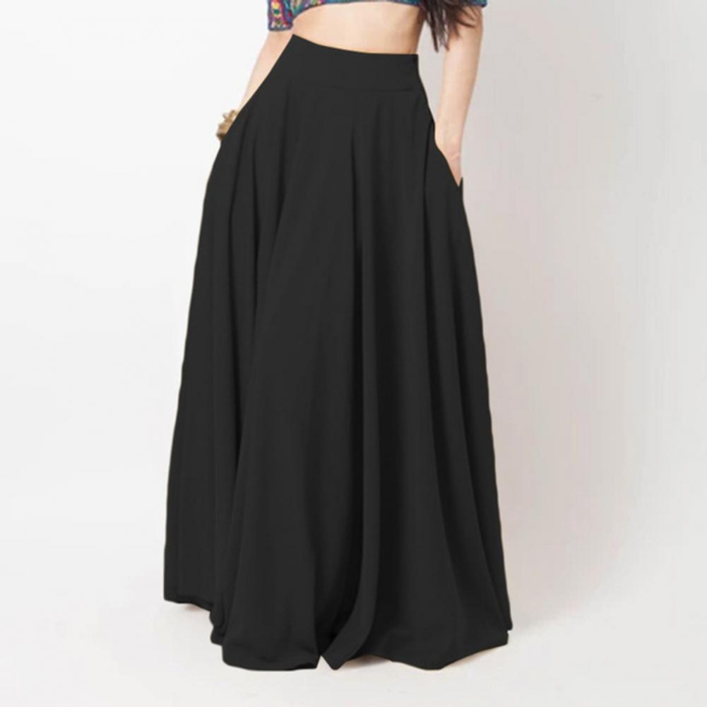 Damen Maxirock Hohe Taille A-Linie Unifarben Rock mit Taschen Lockerer Schnitt Passform Faltenrock Lang Freizeit Alltagskleidung