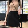 2025 High-Waist Plus Size Black Bodycon Skort - Korean Style Double Slit A-Line Midi