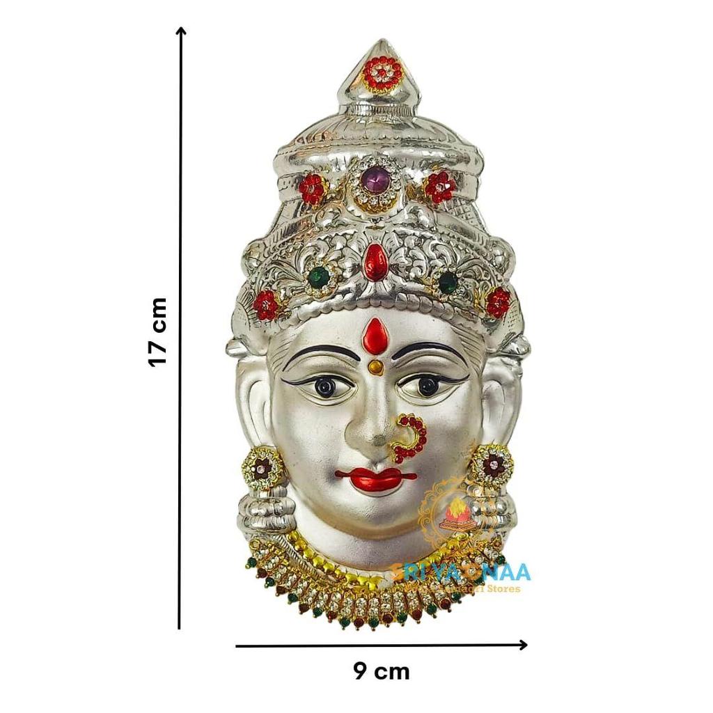 Dekorerat Silver Ammavari Ansikte - Laxmi Mukhota - Matha Ansikte - Varalakshmi Ansikte