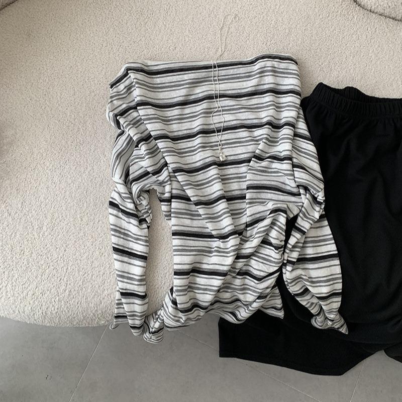 Spring Autumn One Word Collar Vintage Striped Printing Long Sleeve T-shirt Women Loose Casual All-match Tee Top