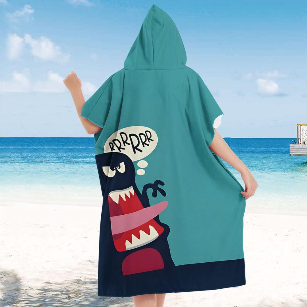 Funny Cartoon Monster Hooded Towel Kids Flat Print Cute Beast Poncho Microfiber Quick Dry Bathrobe for Pool Beach Shower