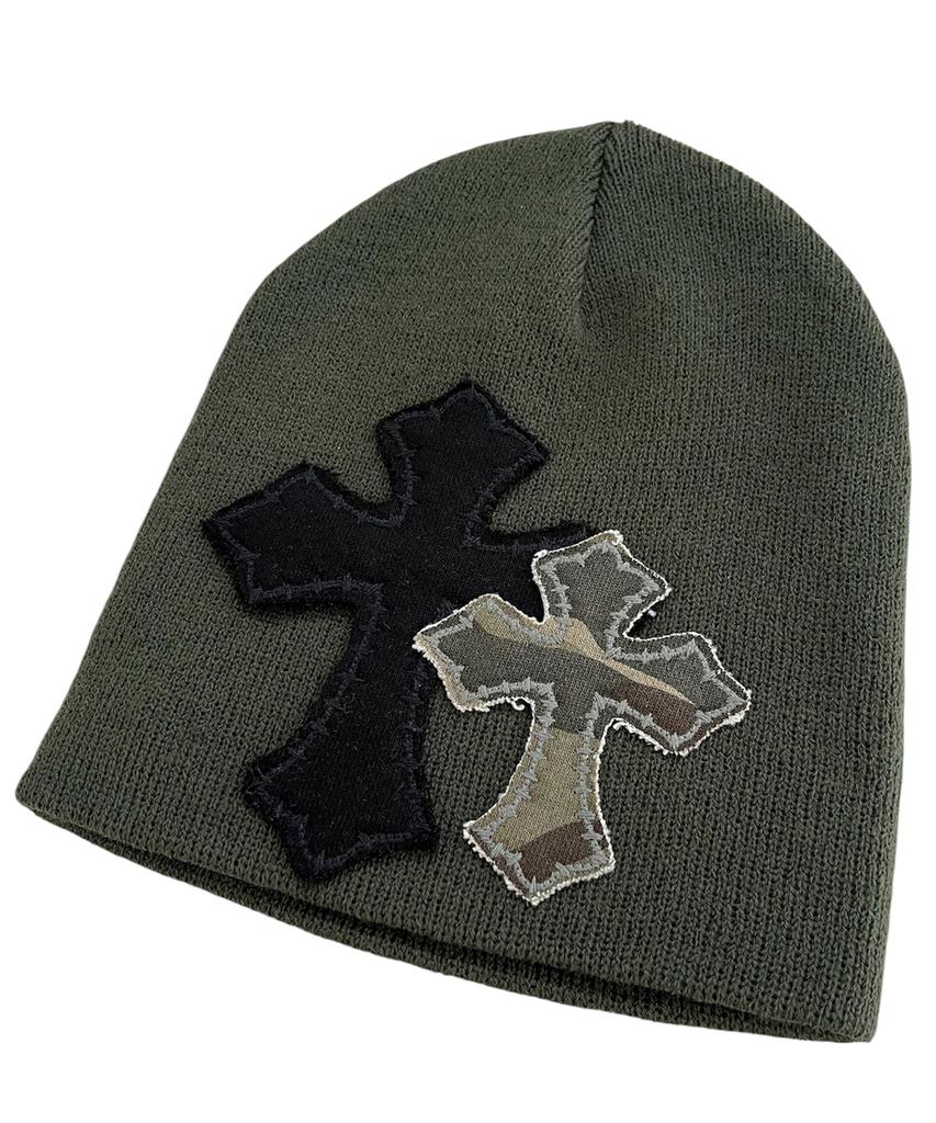 SK8ER ROCK Double Cross Patchwork Beanie ((Dark Khaki))
