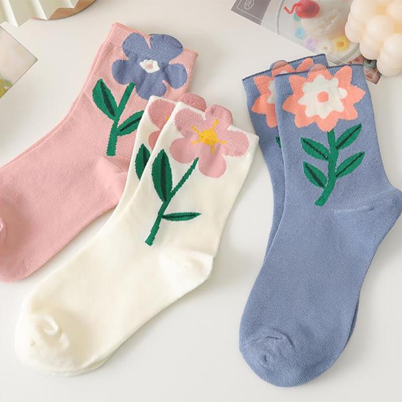 Cotton Women Socks Casual Breathable Japanese Korean Style Cartoon Flower Candy Color  Female Middle Tube Sock