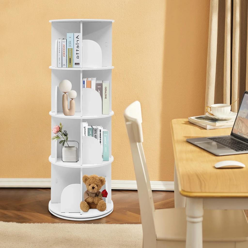 Bymaocar 4 Tiers Bookshelf 360° White Bookcase Furniture,Nordic Style Freestanding Storage Shelf Display Rack 100kg Capacity Bew