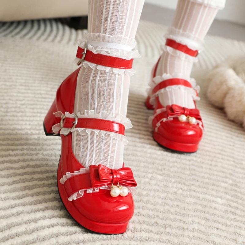 Slingback Högklackade Damskor Lolitas Mary Janes Skor Vår Ankelrem Svart Vit Klackade Bröllopsfestskor Flickor Stor Storlek