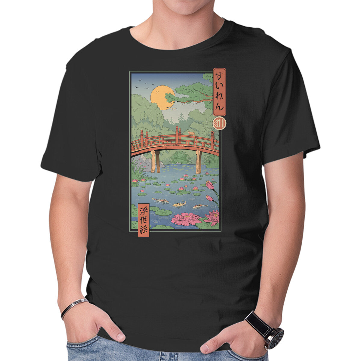 Unisex Crew Neck T-Shirt Water Lilies Ukiyo-e Graphic Short Sleeve Casual Tee XXXXL