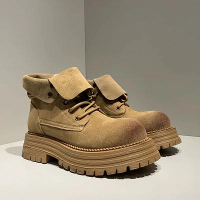 Women's Genuine Leather Marton Shoes Short Boots Winter Shoes Suede Lapel Retro Motorcycle Boots Thick Sole Rhubarb Boots