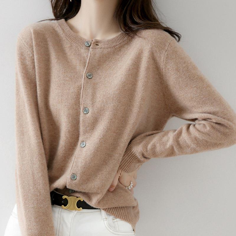 Cardigan Solid Color Spring New Knitted Sweater Short Women's Round Neck Slim Sweater Bottoming Long Sleeve Large Size Jacket