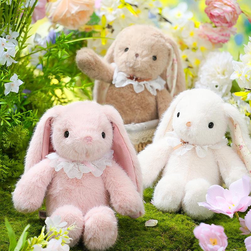Aoger Lop Eared Rabbit Kawaii Plush Toy Soft Mousse White Long Ear Bunny Pillow With Lace Collar Cute Birthday Gift For Kid Girl