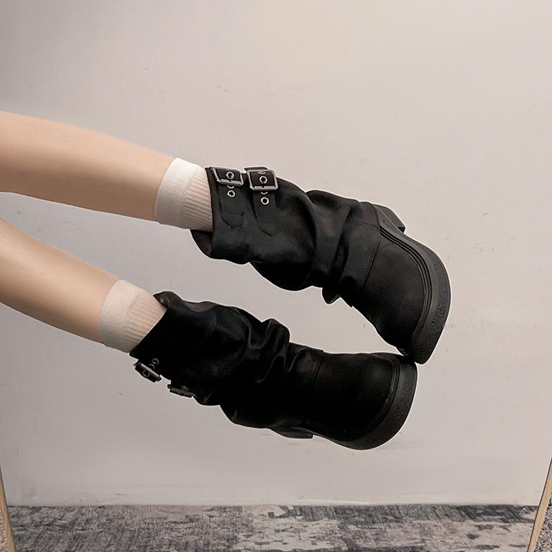 Thick-soled pleated trouser tube boots women's 2025 new autumn Maillard wind pile boots popular brown Martin short boots