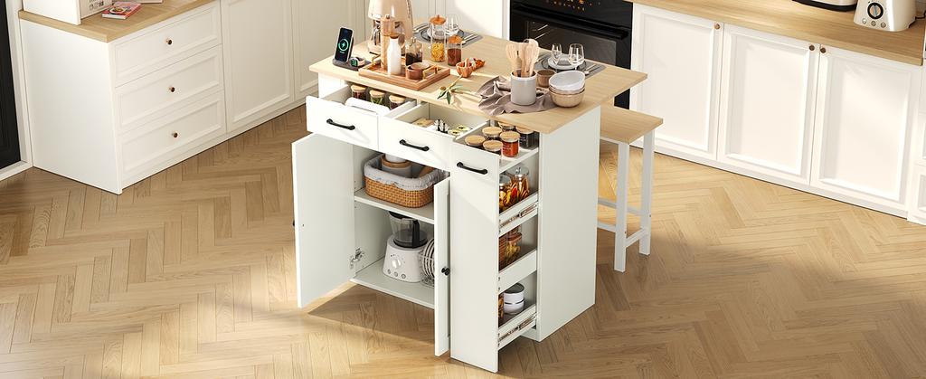 Isola Cucina Estendibile con Zona Pranzo, Mensole Regolabili e Cassetti, con Prese Elettriche e Due Sedie, Ideale per Cucina e Sala da Pranzo (bianca)