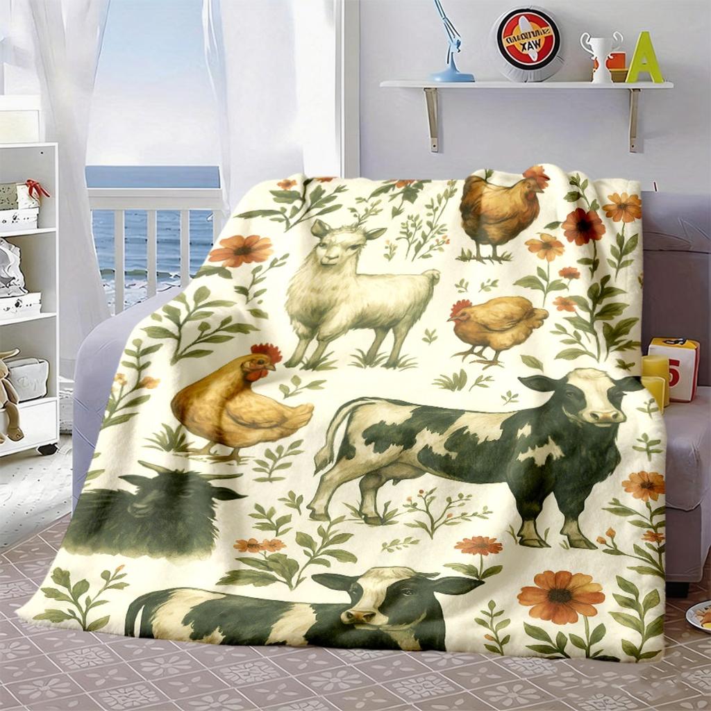 2026 New Arrivals 1pc Soft Flannel Farm Cow And Rooster Print Blanket Cozy All-Season Throw for Bed, Travel, Camping, Living Room, Office, Sofa, Chair