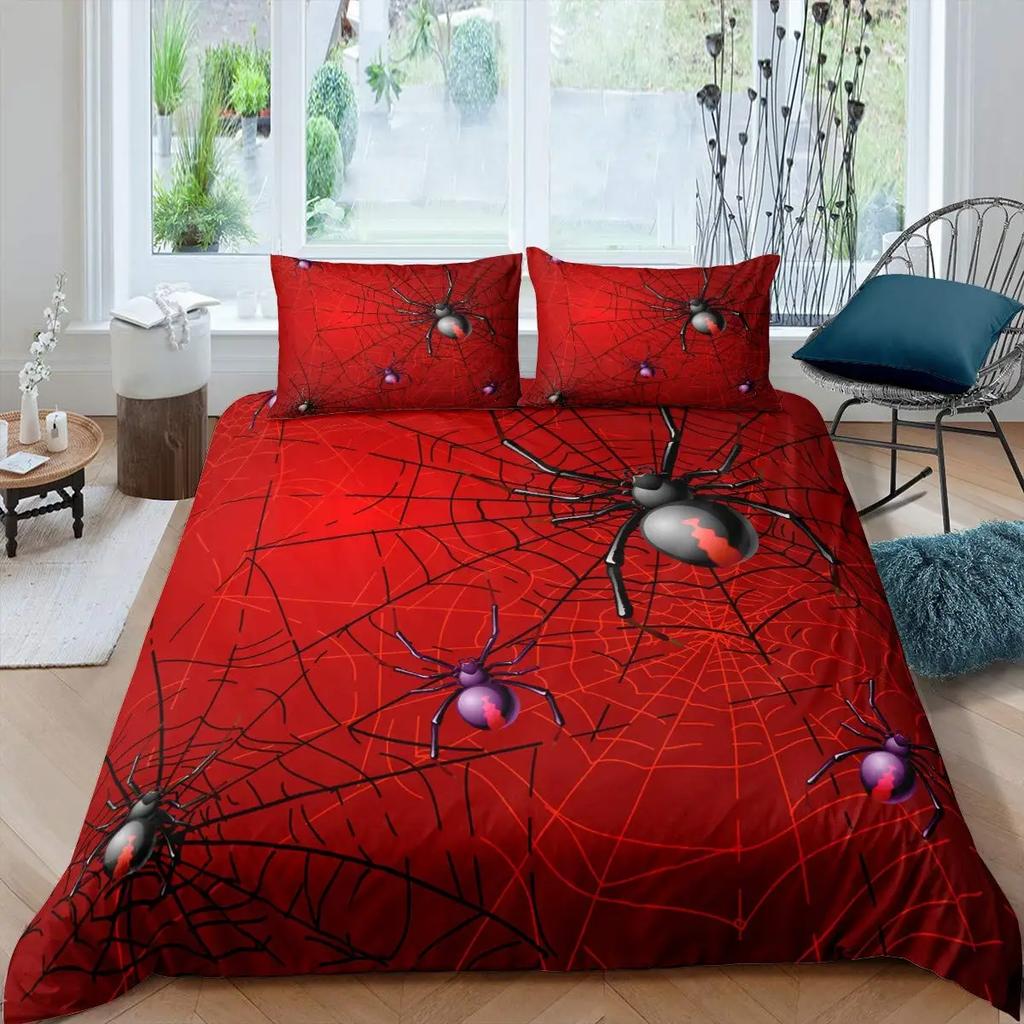 Spider Web Duvet Cover Set Halloween Spider Bedding Sets Boys Girls Black White Comforter Cover Trick Or Treat Quilt Cover Set
