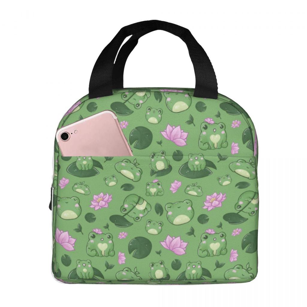 Sac à déjeuner isotherme Grenouille Mignonne sur Feuilles de Lotus pour Enfants Sac Isotherme Scolaire Boîte Thermique à Aliments Sac Fourre-tout Boîtes à Lunch Portables Contenant