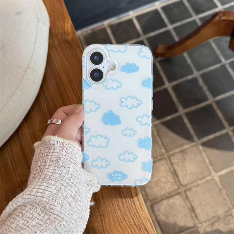 

Korean Style Blue Cloud Stand Case for iPhone 17 Pro Max, Apple 16 & 15, Women’s Double Layer 16 Pro