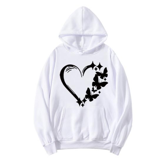 Women's Graphic Hoodie Heart Butterfly Print Drawstring Long Sleeve Pullover Sweatshirt Fall Casual Oversized Hooded Top with Pocket