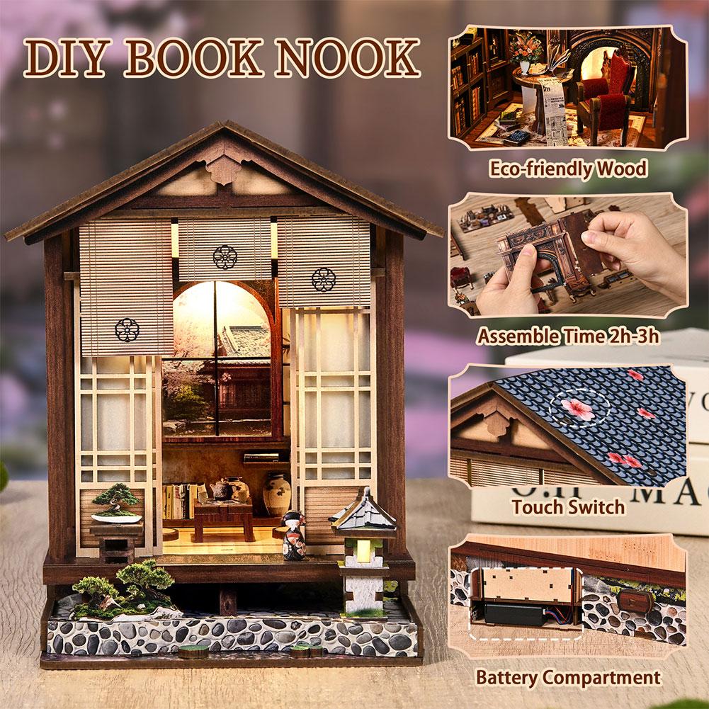 Japanese-Style Courtyard Miniature House DIY Wooden Dollhouse Hand-Craft Roombox Wooden Building Blocks as Gift & Decor