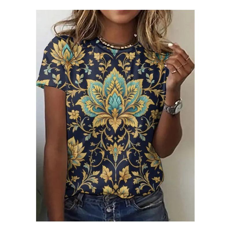 

Retro Ethnic Floral T-Shirts 3D Print Women O-Neck Short Sleeves T Shirt Streetwear Y2k Harajuku Tees Tops Female Clothing 5XL