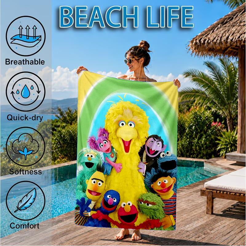 Colorful Sesame Muppets Together Beach Towel, Super Soft Microfiber, Perfect Gift for Her/Him, Birthday, for Pool, Beach, Travel, Decor Beach Party