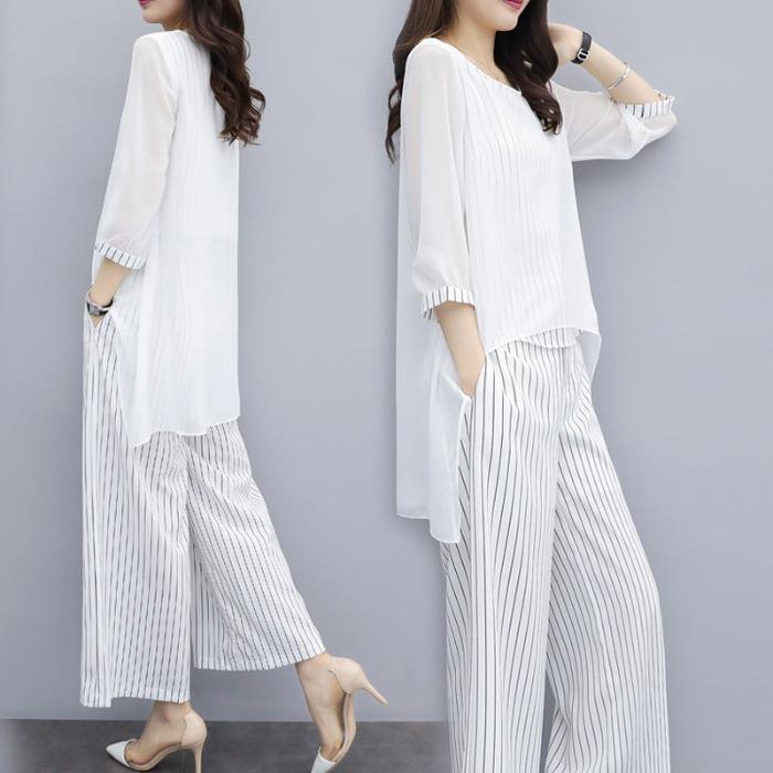 Traje Cubre Vientre Estilo Occidental Dos Piezas Pantalones Pierna Ancha Mujer Talla Grande Gordo Holgado Adelgazante Top de Gasa Verano