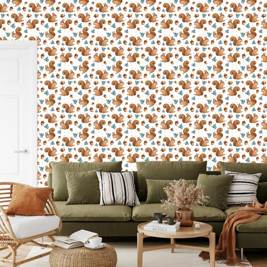 Squirrel Wallpaper White and Orange for Living Room and Bedroom 50x1000