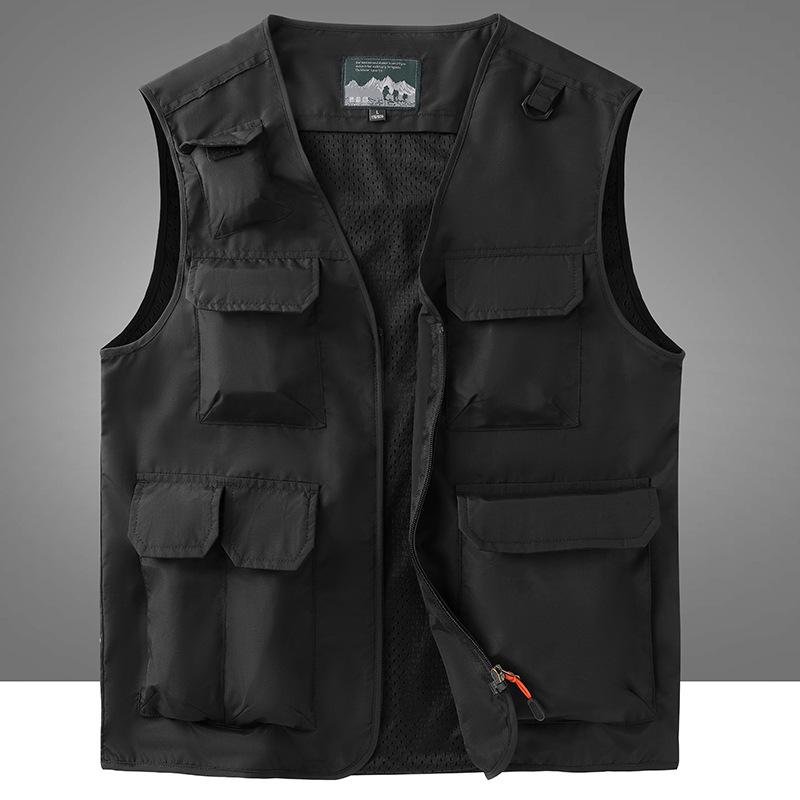 

Чоловічий жилет Four Seasons Тонкий тато без рукавів з коміром-стійкою, багатокишеньковим швидковисихаючим жилетом Жилетка великого розміру 6XL чорний