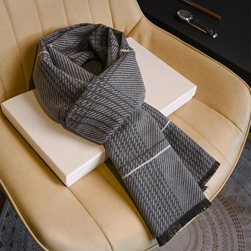 Men's Wool Scarf Autumn and Winter Warm Thickened Plaid Scarf Business Leisure Birthday Gift Men's