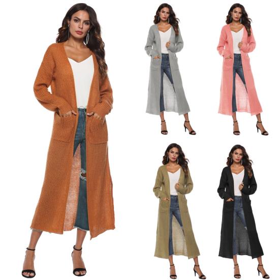 Lässiger Damen Herbst Winter Einfarbig Langarm Schlitztaschen Warmer Cardigan