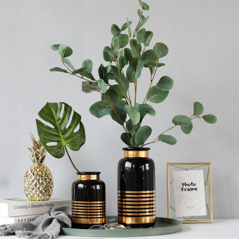 1 Stück Schwarz Weiß Keramikvase Goldlinien Design Blumenvase Wasserpflanzgefäß Heimdekorative Tischvase