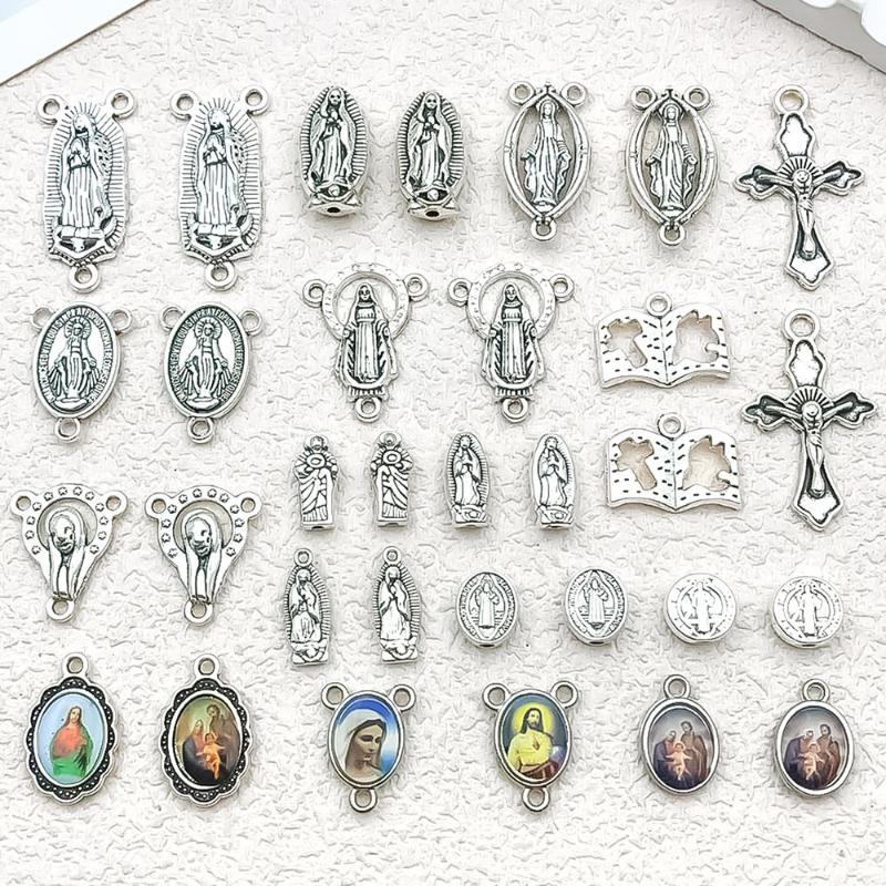 32Pcs Antique Silvery Mary Spacer Bead Charms Alloy Metal Retro Pendants For Diy Jewelry Making Accessories