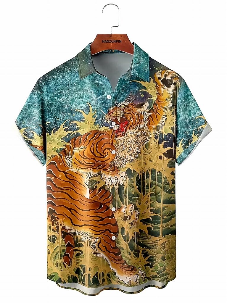 Tiger Print Aloha Short Flashy Summer Hawaiian Plus Size [syatu032-L] Shirt, Sleeve, Yakuza/Yankee Style, Outfit, Festival/Fireworks, Men's Fashion,