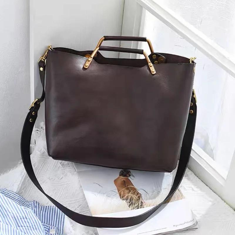 Luxury Soft Leather Women's Handbag Metal Handle Retro Large Capacity Crossbody Bag Simple Commuter Briefcase