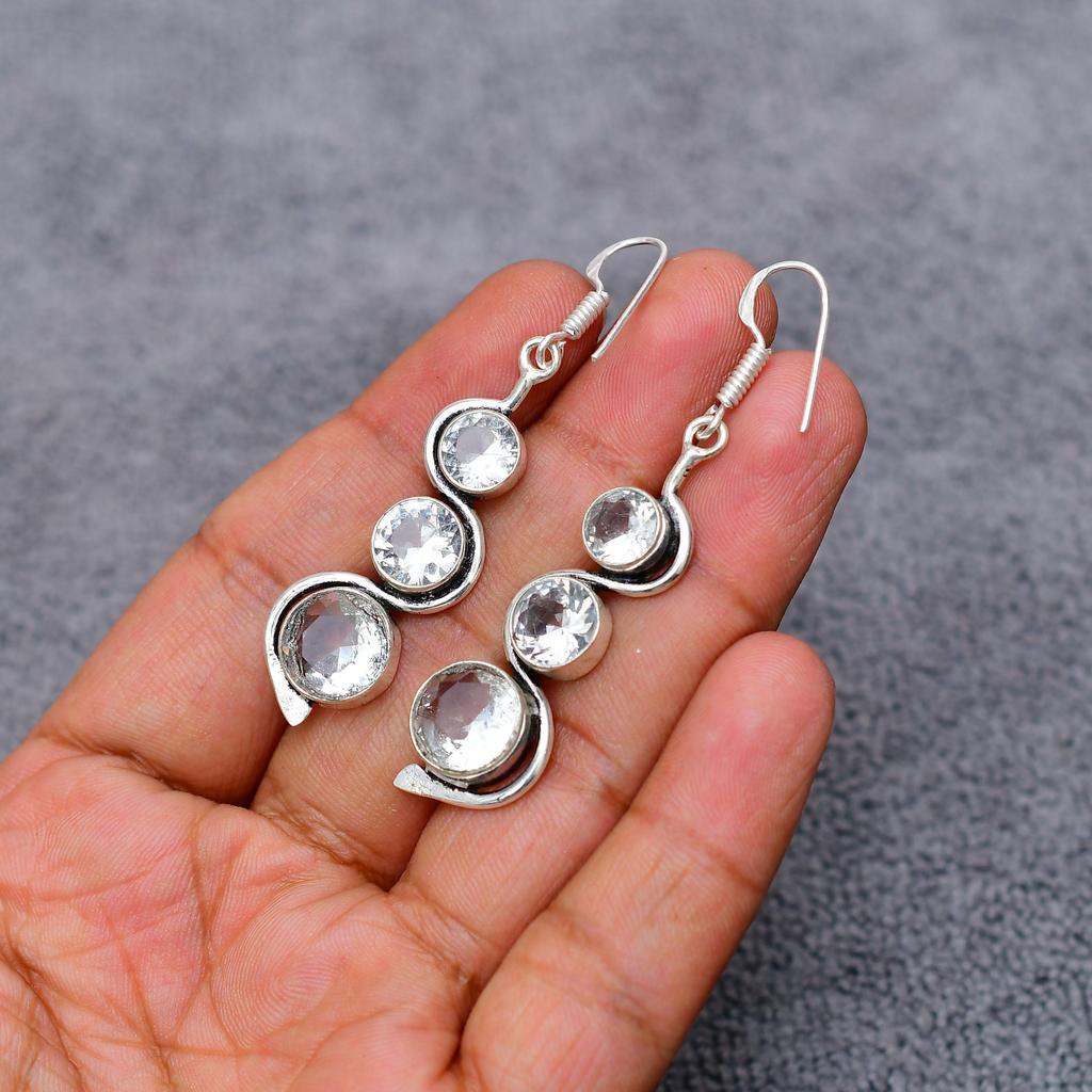 White Topaz Gemstone : 925 Sterling Silver Handmade Long Earring's Jewelry