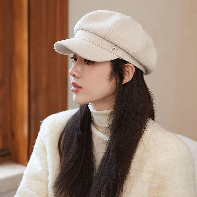 Autumn and Winter New Hat Women's High-end Sense Four-pointed Star Metal Standard Octagonal Hat Showing Face Small Newsboy Hat
