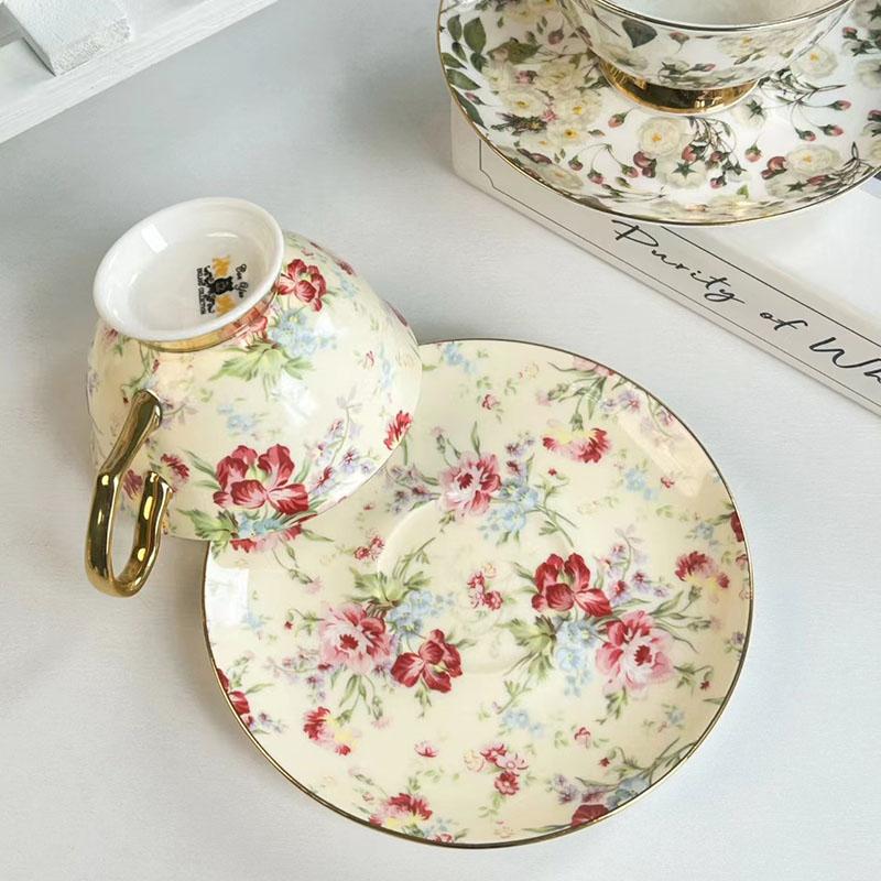 Brilliant Flowers Pattern Ceramic Cup&saucer Gold-plated Coffee Mug Dining Table Milk Mugs Afternoon Tea Teacup Fruits Juice Cup