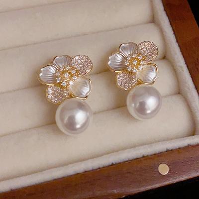 1Pair Sweet Flower Enamel Pearl Pendant Earrings For Women Girls  Jewelry Accessories Personalized Versatile Earrings